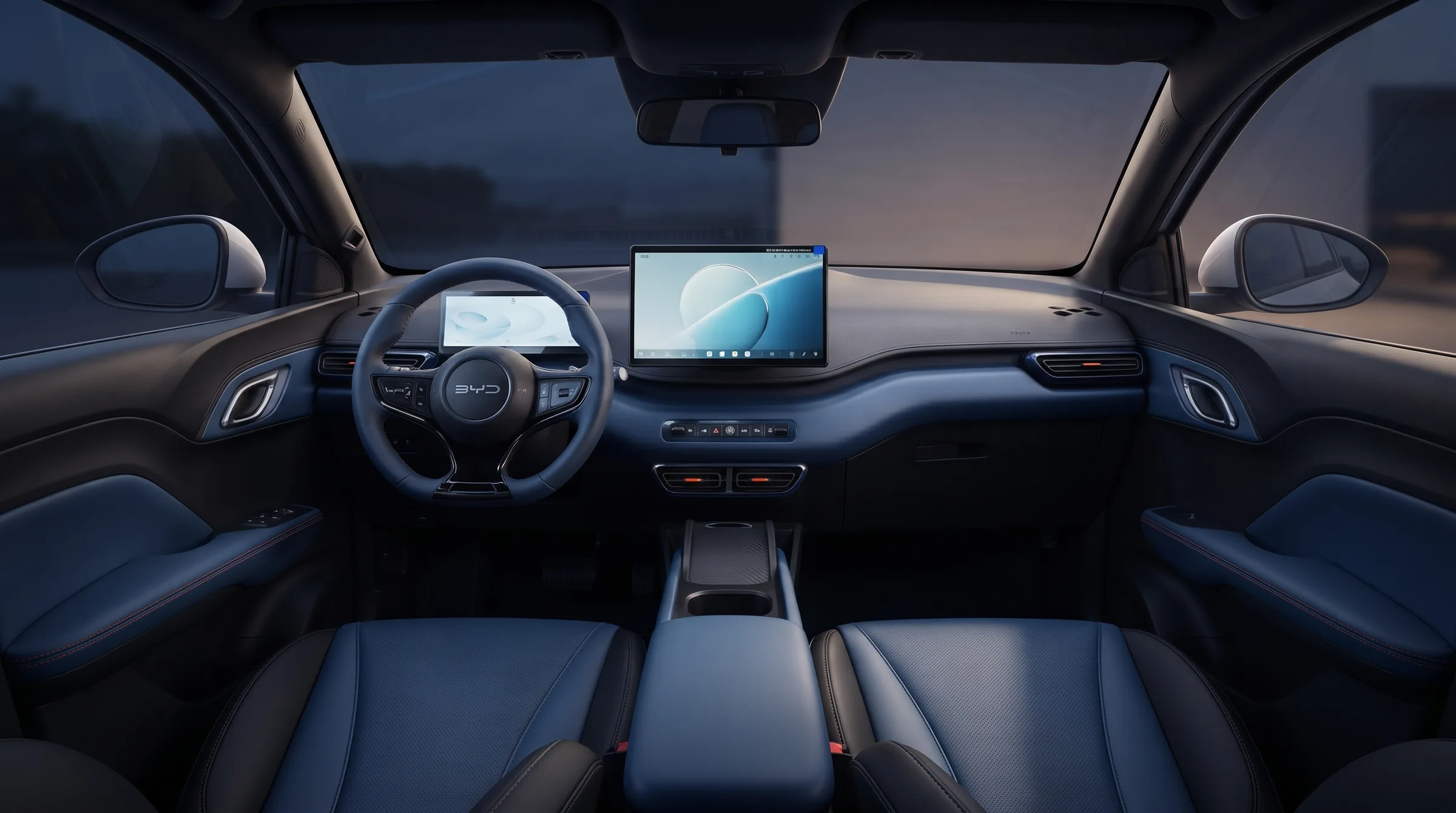 Салон BYD Seagull: руль, приборная панель, экран мультимедиа по центру и передние кресла, визуализация