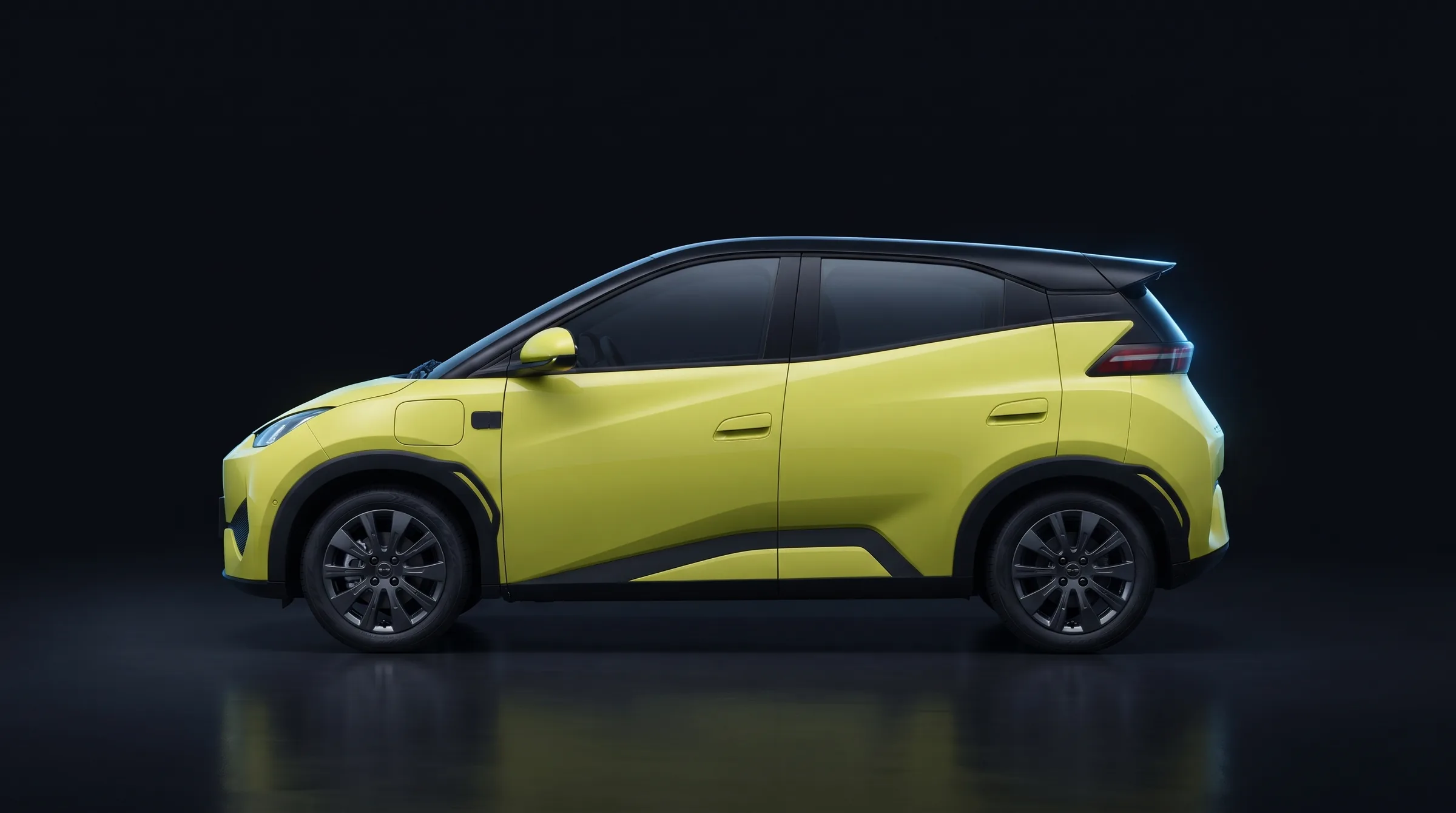 BYD Seagull сбоку, лаймовый с чёрной крышей, визуализация
